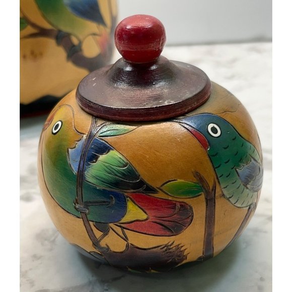 Tropical Birds Wooden Trinket Jar Box Set Toucan Parrots Lidded Vintage - Picture 2 of 12